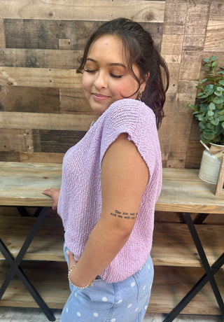 Alternate view of In Feb Lavender Relaxed Slub Knit Split Neck Sweater Top
