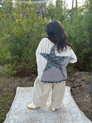 Rae Mode Taupe & Blue Stripe Linen Blend Pants