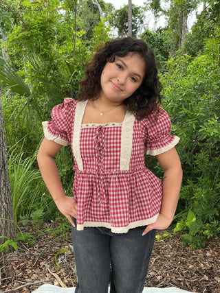 Listicle Top Red & Taupe Gingham Puff Sleeve Peplum