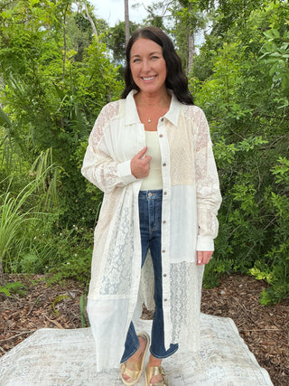 Oli & Hali Ecru Patch Lace Button Up Long Shacket Top Kimono