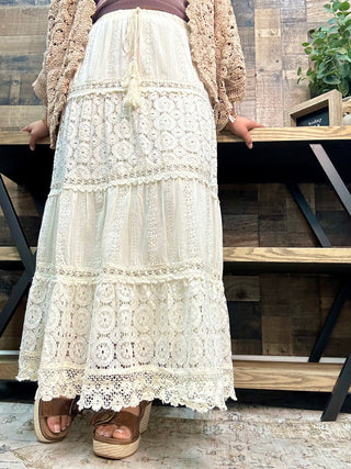 Mello Ivory Boho Lace Trim Elastic Waist Tiered Maxi Skirt
