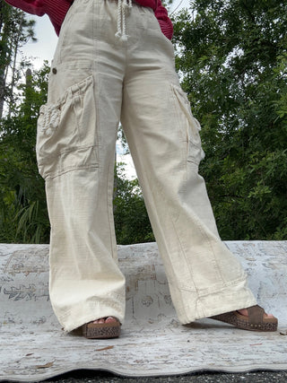 Oli & Hali Washed Elastic Waist Cargo Rope Tie Pocket Pants (2 COLORS)