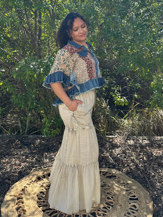 Alternate view of Young Threads Latte Patchwork & Denim Ruffle Hem Crop Jacket Top
