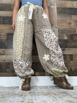 POL Mocha Floral Patchwork Jogger w/ Crochet Detail