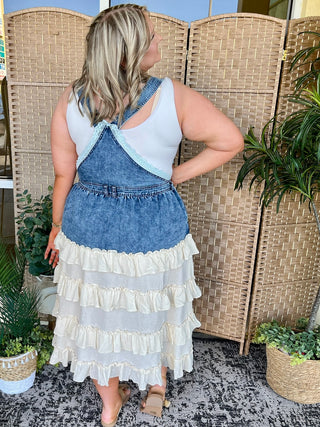 Alternate view of Wanna Be Her Denim Ruffle Overall Dress

