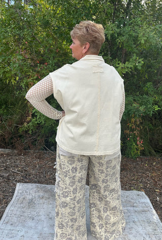 Davi & Dani Natural & Grey Mixed Fabric Denim Pants w/ Patch Details