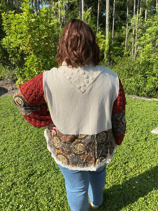POL Vintage Shacket Top Deep Brick & Oatmeal w/ Pearl Accents