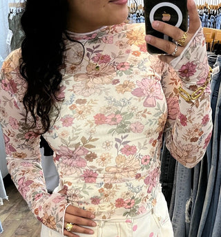 Clay Rose Floral Print Mesh Long Slv Layering Top  w/ Thump Opening