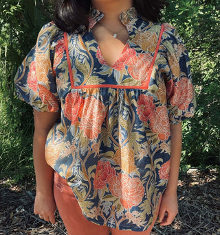 Umgee Blue Floral Peasant Top with Puff Sleeves - Stylish and Comfortable Women's Fashion Blouse