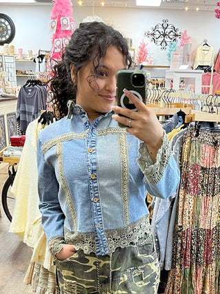 Boho Chic Patchwork Denim Jacket w/ Crochet Trim