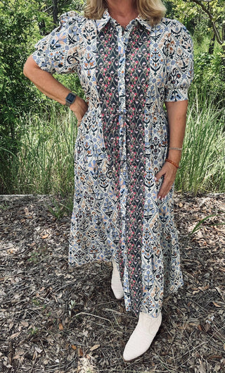 Elegant Diamond Floral Pattern Charcoal Midi Dress by Entro, perfect for sophisticated and stylish occasions.