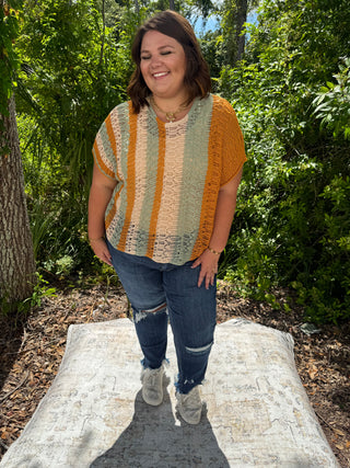 Mello Mustard, Sage & Oatmeal Stripe Crochet Top