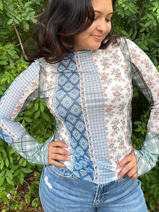 Oli & Hali Blue, Green & Taupe Mixed Print Layering Top