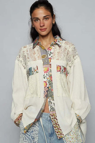 POL Ivory Gauze & Lace Pocket Top with Patchwork – Chic, Boho-inspired blouse with intricate lace details and vibrant patchwork accents.