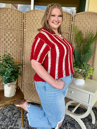 Alternate view of Red Crochet Striped Pointelle Top
