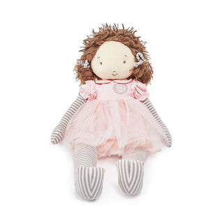 Soft doll with brown curly hair, cream face, pink tulle dress, and gray striped stockings.
