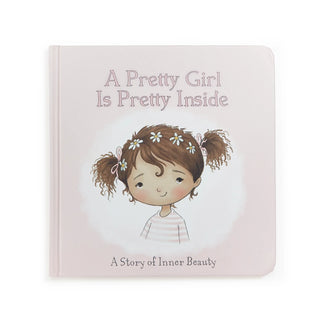 Children's board book with illustration of smiling girl with brown pigtails and white flowers, pink cover.
