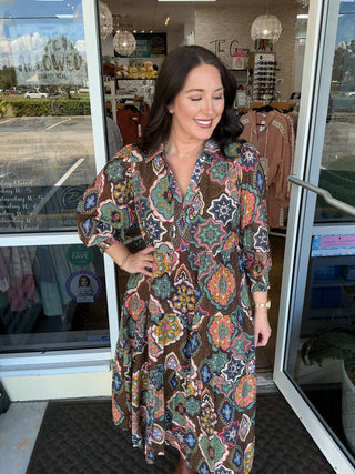 Umgee Brown Mandala Mix Tiered Midi Dress