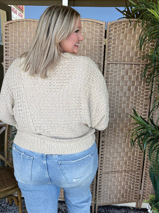 Taupe asymmetrical sweater top with textured knit fabric and cropped fit.
