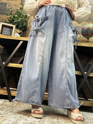 Easel Washed Denim Oversized Wide Leg Jogger Pants