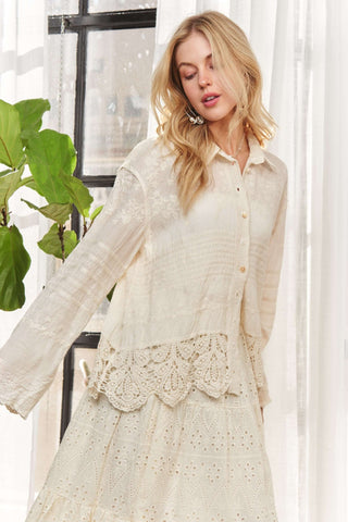 Ivory long sleeve crochet hem embroidered button-down top by Adora, featuring elegant detailing and a stylish design.