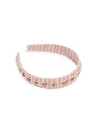 Pink and cream striped linen headband with gold rectangular accents.
