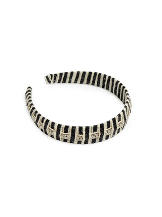 Black and cream striped padded headband with textured linen fabric.
