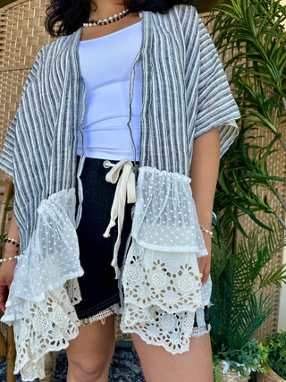POL Black Stripe Ruffled Hem Kimono Top