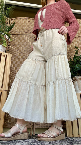 Young Threads Boho Tiered Ivory Latte Patchwork Pants
