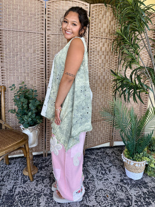 Sage green eyelet sleeveless tank top with button details, oversized fit.