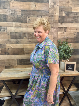 Entro Periwinkle Bloom Elastic Waist Zip Midi Dress