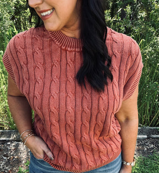 ee:some Spiced Brandy Cable Knit Cap Sleeve Sweater
