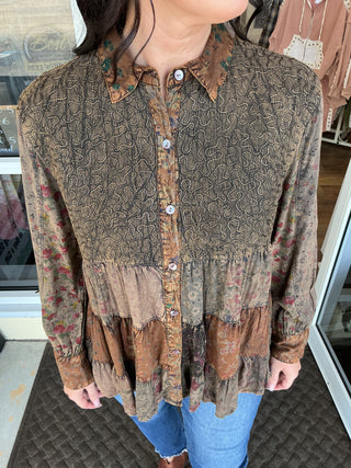 Young Threads Vintage Boho Embroidered & Patchwork Tiered Top