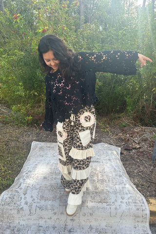 POL Leopard Boho Wide Leg Ruffle Pants