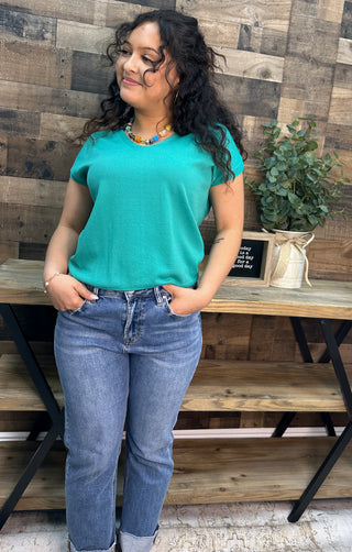 Alternate view of Like Love Emerald Green Cap Slv V Neck Knit Top
