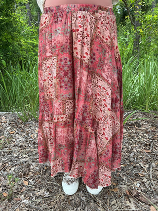 Polagram Terracotta Dream Floral Patchwork Maxi Skirt - Bohemian style with vibrant colors and unique design for a chic look.