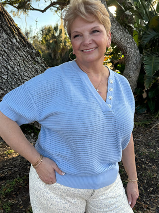 Sky Blue Short Slv Textured V Neck Woven Top
