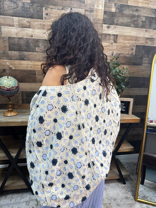 POL BLUE MULTI Floral Pattern Cardigan Crochet Sweater Top