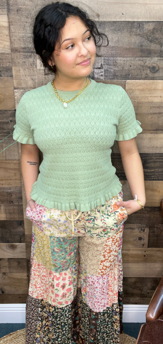 Listicle Light Sage Cable Knit Short Slv Ruffle Hem Sweater Top