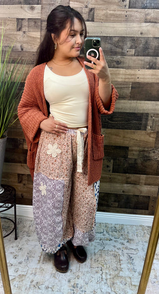 POL Peach & Blue Floral  Patchwork Jogger w/ Crochet Detail