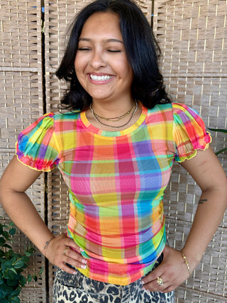 Rainbow plaid short-sleeve top with puffed sleeves and fitted ribbed mesh design.
