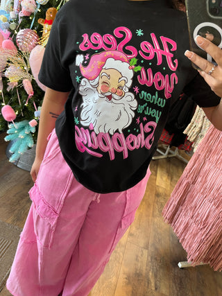 He Sees You When You're Shopping Black Tee Top