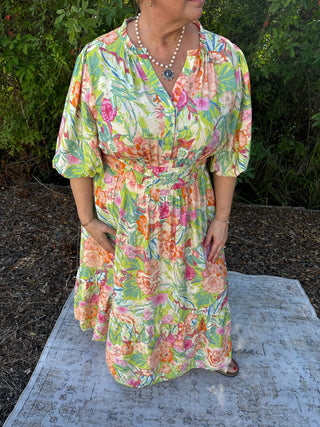 Oddi Minty Garden Floral Printed Tiered Midi Dress w/ Puff Sleeve & Elastic Waist