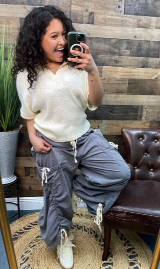 Dusty Blue Contrast Twill Tape Elastic Waist Jogger Parachute Pants