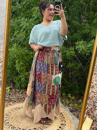 POL Trailblazer maxi skirt in burgundy, navy and tan patchwork print with elastic waistband.
