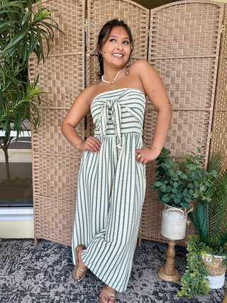 Alternate view of Pistachio Sage Stripe Strapless Jumpsuit
