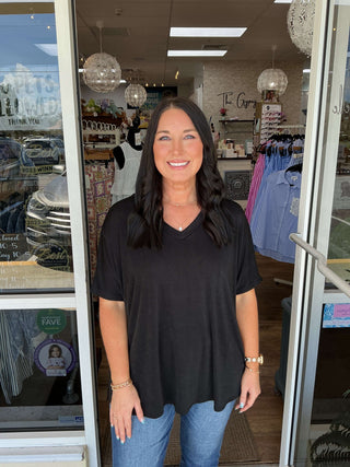 Sew In Love black V-neck short sleeve top, perfect for casual and chic styles.