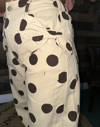 Oddi Beige w/ Brown Polka Dot Gypsy Fit Pants w/ Bow Pockets
