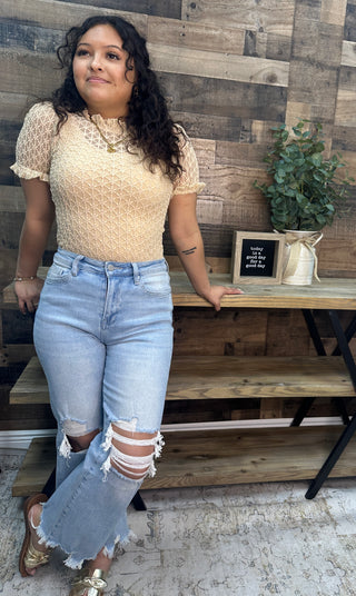 Easel NATURAL Textured Mesh Short Sleeve Layering Top