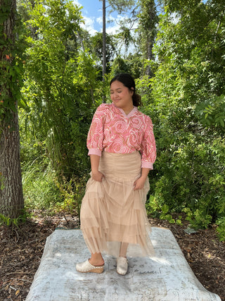 FINAL SALE Listicle Maxi Skirt Taupe Cinched & Tiered High Waist Tulle